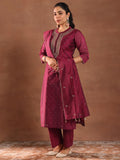 Libas Womens Woven Design Silk Blend Straight Kurta With Trousers And Dupatta Maroon 3Xl