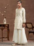 Libas Womens Woven Design Silk Blend Straight Kurta With Palazzos And Dupatta Off White Xl
