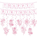 JarThenaAMCS 11Pcs Pink Flower Birthday Banner Chinoiserie Happy Birthday Bunting Garland with Elegant Flower Hanging Swirl for