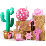 JellyArch 14 Pcs Western Cowboy Party Decorations Hay Bales Straw Boxes Cactus Inflatable Cowgirl Card Hat Horseshoe for Western