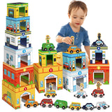 Aizweb Magnetic Wooden Vehicle Stacking Set,Sorting & Building STEM Blocks Cars Toys for Toddlers,Cardboard Educational Preschoo