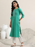 Libas Womens Woven Design Cotton Blend Straight Kurta With Trousers And Dupatta Teal 2Xl