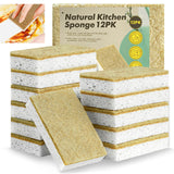 Natural Kitchen Sponges, 12 Pack Eco Biodegradable Compostable Coconut Fiber & Cellulose Heavy Duty Scrub Sponge for Dishes, Org
