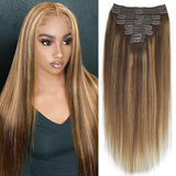 #4/27/4 Yaki Straight Clip in Hair Extensions Real Human Hair Omber Clip ins For Women Yaki Straight Clip on Hair(22inch,T1BP1B/