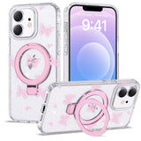 ETPESOK Compatible with iPhone 12/12 Pro Case Clear Pink Butterfly Pattern Design with Magnetic Ring Stand [Compatible with Mag-