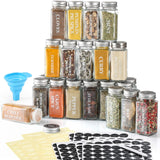 Aozita 24 Pcs Glass Spice Jars With Labels - 4Oz Empty Square Spice Bottles Containers Condiment Pot Shaker Lids And Airtight Metal Caps - Silicone Collapsible Funnel -Used