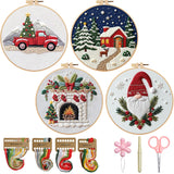 BBLYBD Christmas Embroidery Kit, 4 Set Embroidery DIY Starter Kit, Cross Stitch Kits with Pre-Printed Embroidery Fabric, Hoops,
