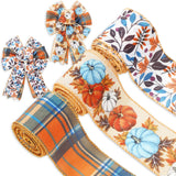 JarThenaAMCS 3 Roll Fall Wired Edge Ribbon Autumn Pumpkin Leaves Plaid Ribbon Blue Orange Thanksgiving Fabric Ribbons for Wreath
