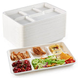 ECOLipak 100% Compostable 5 Compartment Plates, 100 Pack Disposable Compartment Paper Plates, 12.5 * 8.6 inch Biodegradable Suga