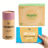Sheets Laundry Club Bundle - 50 Pack (up to 100 loads) Fresh Linen Detergent Sheets, 40 Pack Free & Clear Dryer Sheets & 8 Oz. S