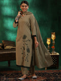 Libas Womens Embroidered Cotton Straight Kurta With Trousers And Dupatta Taupe Xl