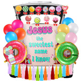 73 Pcs Halloween Religious Trunk or Treat Car Decorations Kits Candy Car Archway Garage Decorations, Jesus the Sweetest Name I K