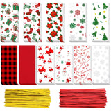 Outus 165 Pieces Christmas Cellophane Treat Bags Xmas Cute Holiday Clear Cello Bags Cookie Goodie Bags with 200 Pieces Twist Tie