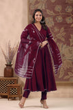 Anni Designer Women'S Rayon Blend Anarkali Solid Kurta With Pant & Dupatta (Nirmooha Wine-Vks01_M_Wine_Medium),Wine,M,,,