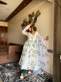 Women Floral Print Anarkali Kurta With Pant And Duptta (Large White),White,L,Georgette,Anarkali,Dupatta