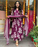 Gosriki Women'S Rayon Blend Anarkali Printed Kurta With Pant & Dupatta (Jasiwal Wine-Gs_L_Wine_Large),Wine,,B0DP2C51KQ