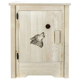 Montana Woodworks Homestead Collection Accent Cabinet With Laser Engraved Wolf Design, Left Hinged, Clear Lacquer Finish