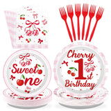 Grencian 96 Pcs Cherry Birthday Party Decorations Plates Set Cherry 1st Birthday Party Plates She 's The Cherry on Top Paper Pla