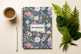 Graphic Word Spiral Notebook With Floral Pattern Cover, Navy Blue Background, A5 Size, 160 Pages, 100Gsm Paper, Rulled Pages