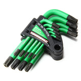 Powerbuilt LType Tamper Proof 9 Piece Wrench Set, Short Arm Torx Star Key, NonSlip Handle, Hex Ball End, Holder Green 941071