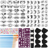 MotiMind 96 Pcs Face Paint Stencils Kit Includes 72 Reusable Facial Paint Stencils 2 Diamond Stickers12 Painting Sponges and 10