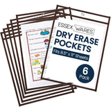 Essex Wares - 6 Pack, Brown, Durable Water-Resistant Dry Erase Pocket Document Protectors, 10 Wide x 13.5 Tall - Dry Erase Clear