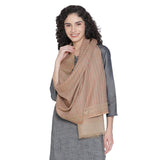 Shingora Beige Wool Blend Jacquard Striped Fringed Stole For Women
