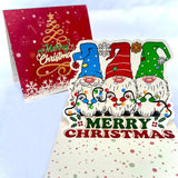3 Gnomes 3D Pop Up Christmas Card - Funny Holiday Greeting Card with Santa Gnomes & Christmas Lights - Cute Pop-Up Card for Frie