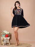 Digital Shopee Crepe Embroidery Short Flair Frock Regular Kurti | Kurta For Women Girls Black Black Xl