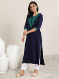 Libas Women'S Viscose Rayon Yoke Design Straight Kurta (29657_Navy Blue_L)