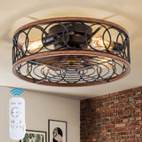 Farmhouse Ceiling Fans with Lights and Remote, 20'' Low Profile Caged Lighting with Bladeless Fan, Rustic Flush Mount with E26 B