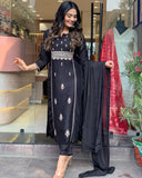Gosriki Women'S Cotton Blend Embroidered Straight Kurta With Pant & Dupatta (Nepoli Black-Gs_3Xl_Black_Xxx-Large),Black,3,B0CRVTGR5R