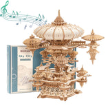 RUIFAM 3D Wooden Puzzles for Adults, SkyCity Music Box Model Kit, 600+ Pcs Cityscape Design, Challenging Mechanical DIY Craft, S