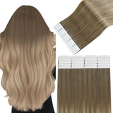 Easyouth Tape in Human Hair Extensions Blonde Balayage Tape Hair Extensions Real Human Hair Light Brown Ombre Ash Blond with Pla
