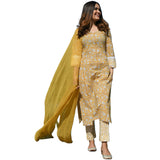 Gosriki Women'S Rayon Blend Straight Printed Kurta With Pant & Dupatta (Kursi-Yellow_M-Gs_Yellow_Medium),Yellow,,B0BFNCZF3X
