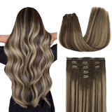 Clip in Hair Extensions Real Human Hair, 7pcs 120g Balayage Chocolate Brown to Honey Blonde 24 Inch, MAXITA Remy Hair Extensions