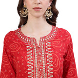 Ishin Women'S Pure Cotton Straight Embroidered Aari Work Bandhani Print Red Kurta Suit Set With Sharara Xykplpmre-5084D_L_Red