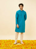 Manyavar Elegant Selfdesign Striped Kurta For Men - (Turqouise Blue, Large)