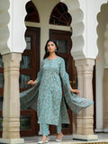 Anni Designer Women'S Rayon Blend Straight Printed Kurta With Pant & Dupatta (Karwaan Grey_M_Grey_Medium),Grey,M,,,