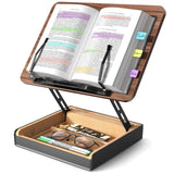 HUMANCOZY Book Stand with Storage, Book Holder for Reading Hands Free, Wooden Cookbook Stand for Kitchen Counter, Adjustable Rea