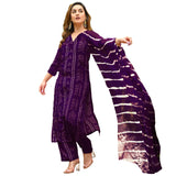 Anni Designer Women'S Rayon Blend Straight Bandhej Printed Kurta With Pant & Dupatta (Baghira Begani_S_Begani_Small),Begani,S