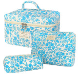 WYJ Lake Blue Large Quilted Floral Makeup Bag Set of 3 Cute Coquette Aesthetic Cosmetic Bag Set Travel Toiletry Bag for Women