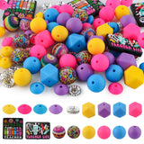 Kovict 82Pcs 12mm 14mm 15mm Silicone Beads for Keychain Making, 10mm Rondelle Rhinestone Spacer Print Hexagon Round Purple Yello