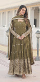 Wedani Faux Georgette Sequins Embroidered Work Anarkali Kurta Set For Women (In Alpha 2Xl Regular Olive),OLIVE,2XL,Georgette,Anarkali,