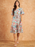 Modeve Women Froral Print White Dress_Small