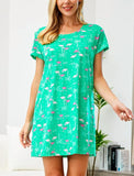 PNAEONG Women's Cotton Nightgown Sleepwear Short Sleeves Shirt Casual Print Sleepdress, Green Flamingo, Small