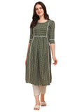 NAINVISH Women's Cotton Blend Straight Round Neck Printed Kurta with Pant (SD210_KB-XXL_Dark Green)