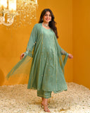 Anni Designer Women'S Rayon Viscose Embellished Anarkali Kurta With Pant & Dupatta (Tapuram Green_L_Green_Large),Green,L,Rayon,Anarkali,