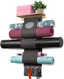 VINAEMO Yoga Mat Holder Wall Mount Storage Rack with 3 Sizes Pocket Wood Floating Shelves and 4 Hooks for Hanging Foam Roller Yoga Mats Yoga Block Home Gym Accessories Carbonized Black
