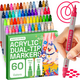 ARTISTRO 60 Acrylic Paint Markers for Rock, Fabric, Wood, Glass, Craft, Decoration - Dual-Tip Paint Pens - Stocking Stuffers, Ch